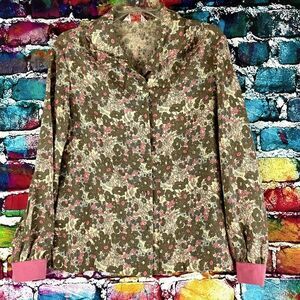 Vintage Polly Watson Floral Print Button Front Shirt Top Blouse Pink Suede Cuffs